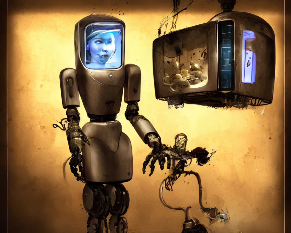 Female-faced humanoid robot near broken device in dimly lit setting