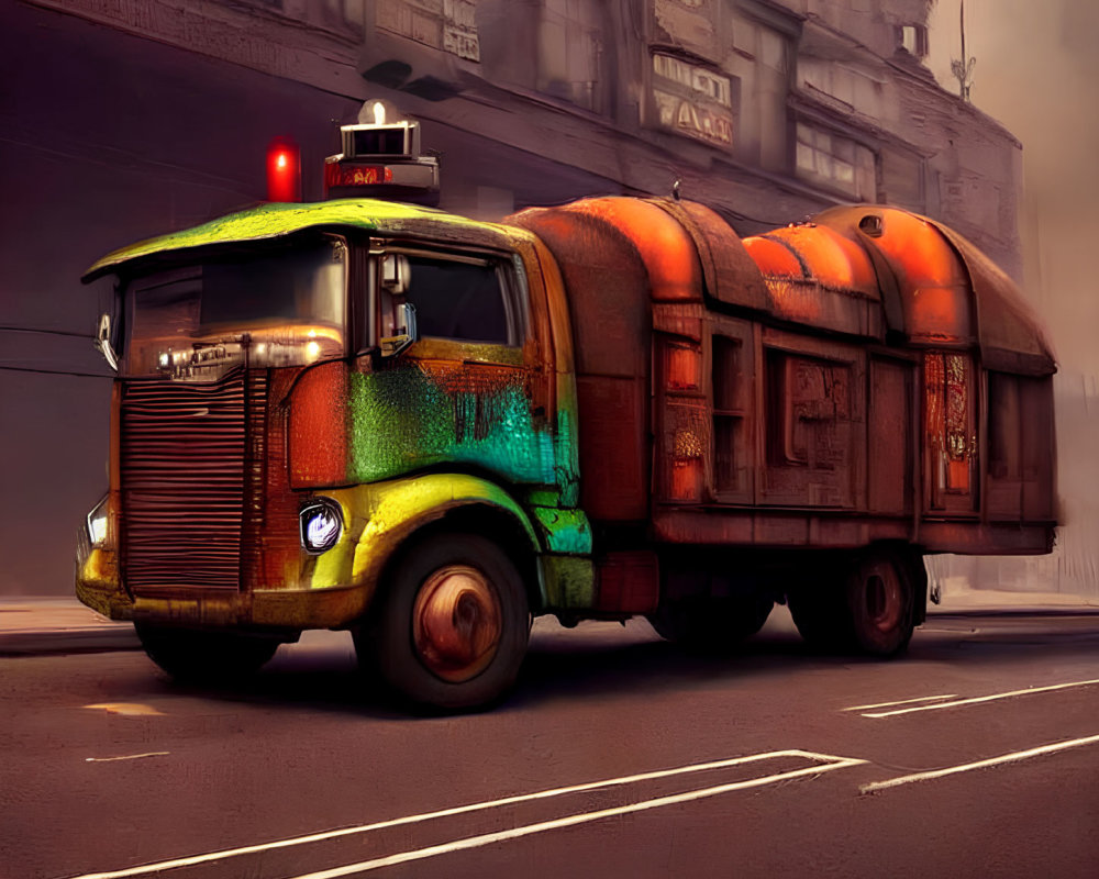 Weathered garbage truck with colorful graffiti on misty street.
