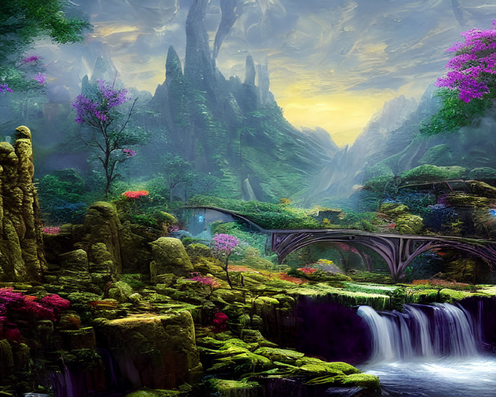 Colorful Foliage and Waterfall in Enchanted Forest Scene