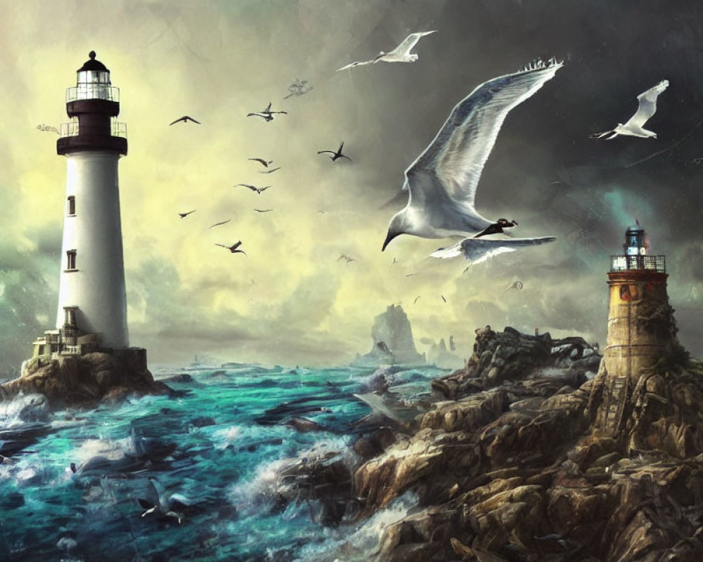 Prominent lighthouse in dynamic seascape with turbulent waves