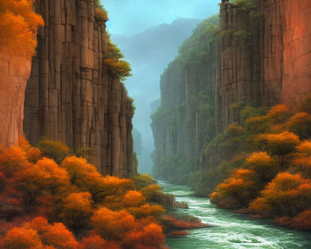 Autumnal canyon with serene river and lone figure overlooking landscape
