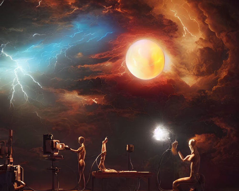 Surreal scene with mannequin-like figures, glowing orb, stormy clouds, and lightning