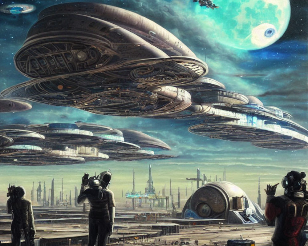 Futuristic cityscape with people, spaceships, and large moon
