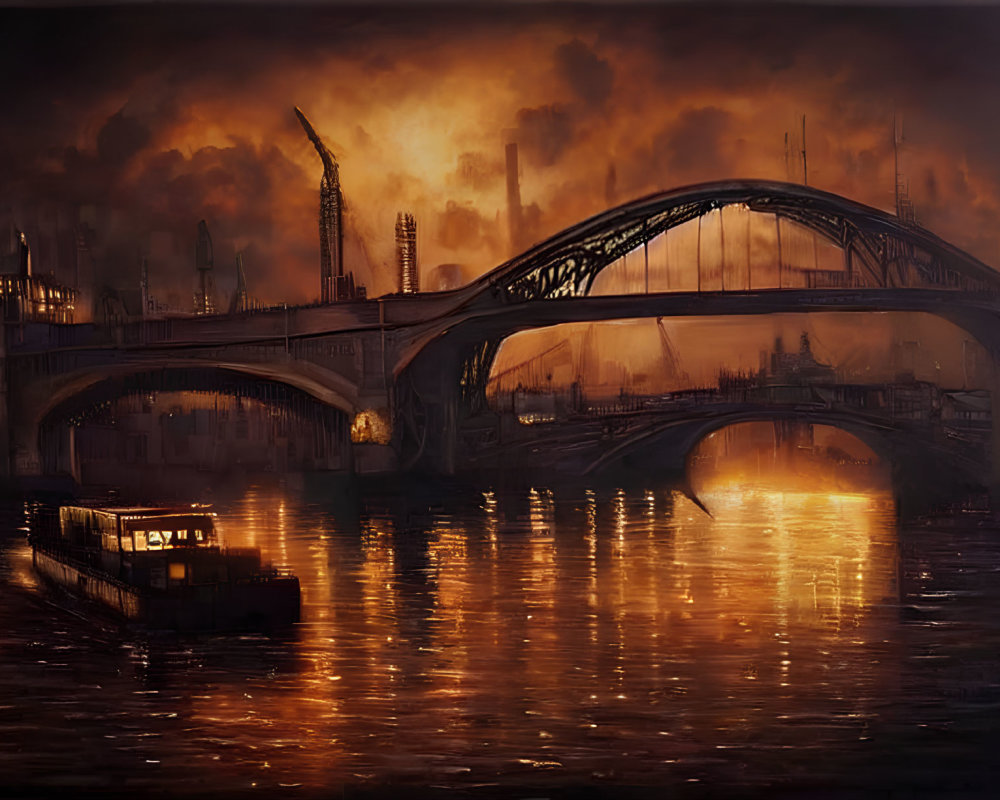 Nocturnal riverscape with lit boat under arched bridge