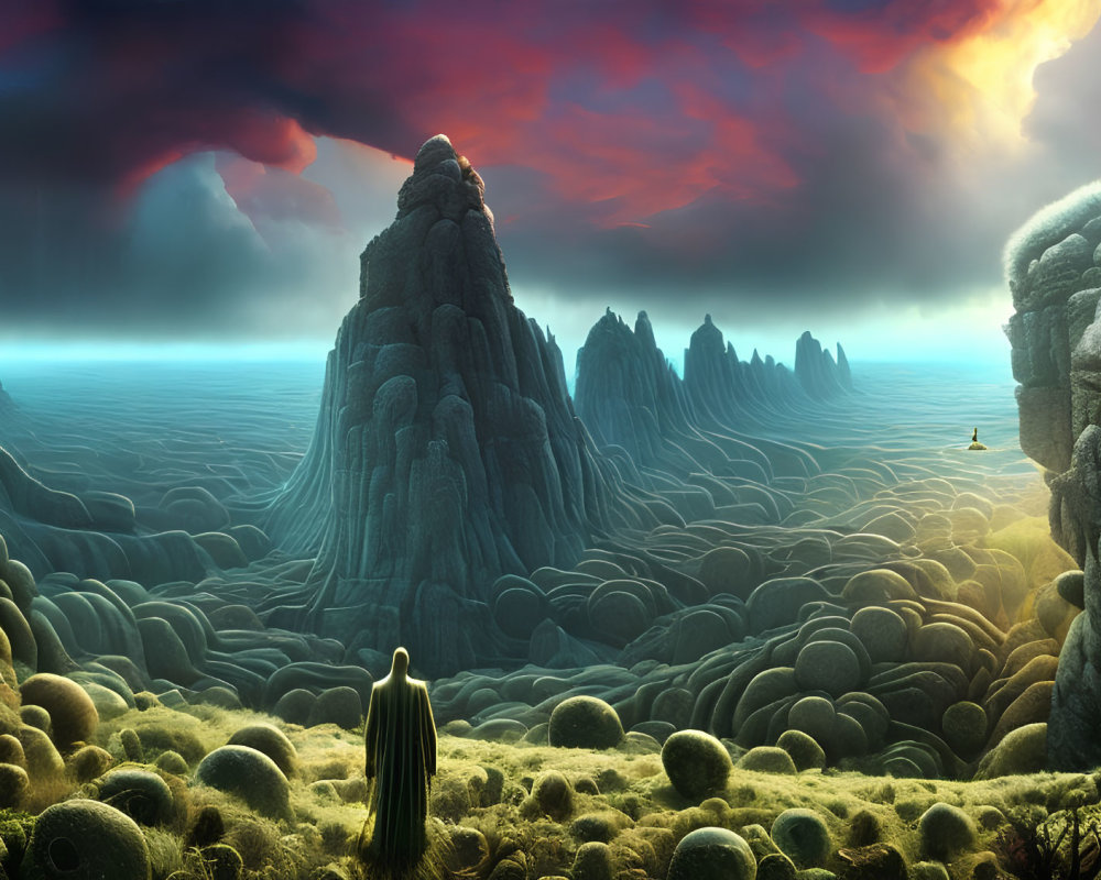 Surreal landscape with towering rocks, mossy ground, vibrant sky