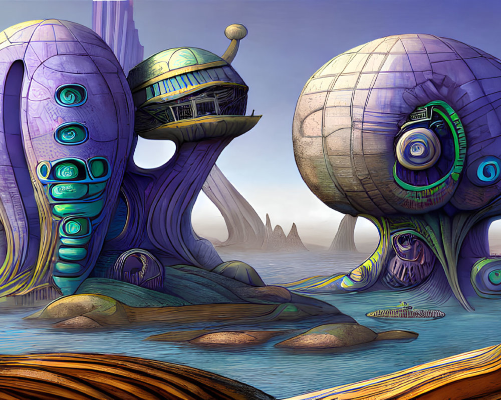 Alien towers with spherical shapes in desert landscape