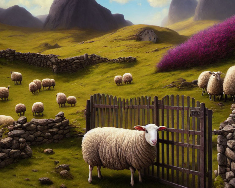 Tranquil landscape with grazing sheep, stone walls, house, and blossoms