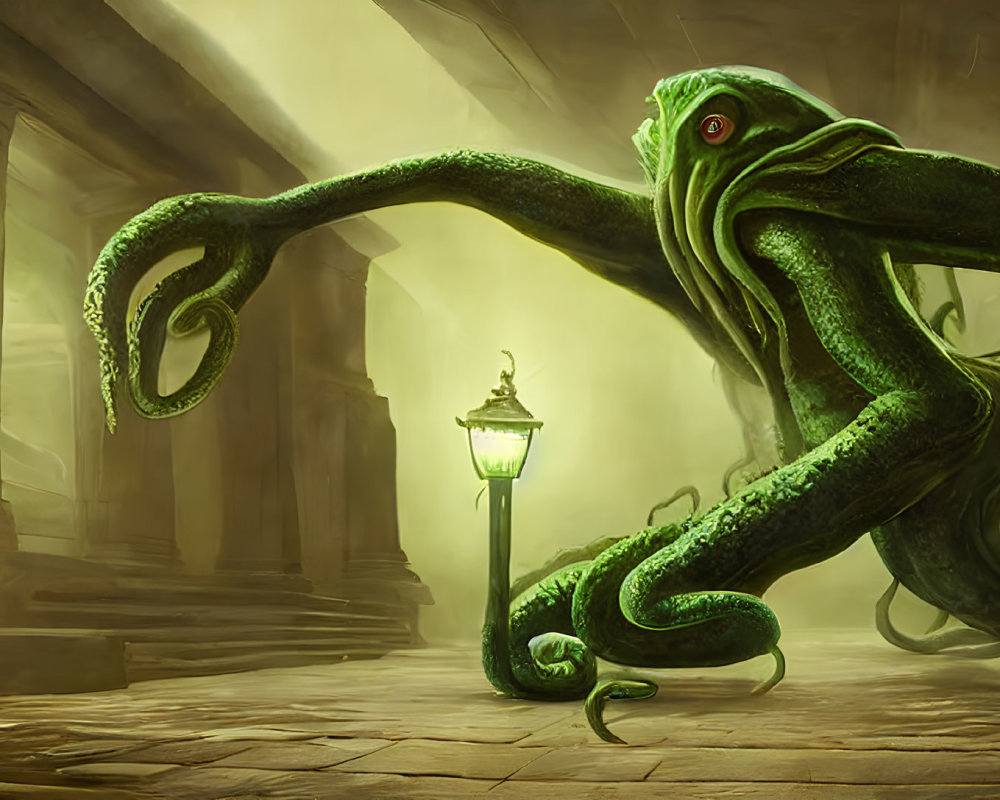 Green tentacled creature with red eye in misty corridor