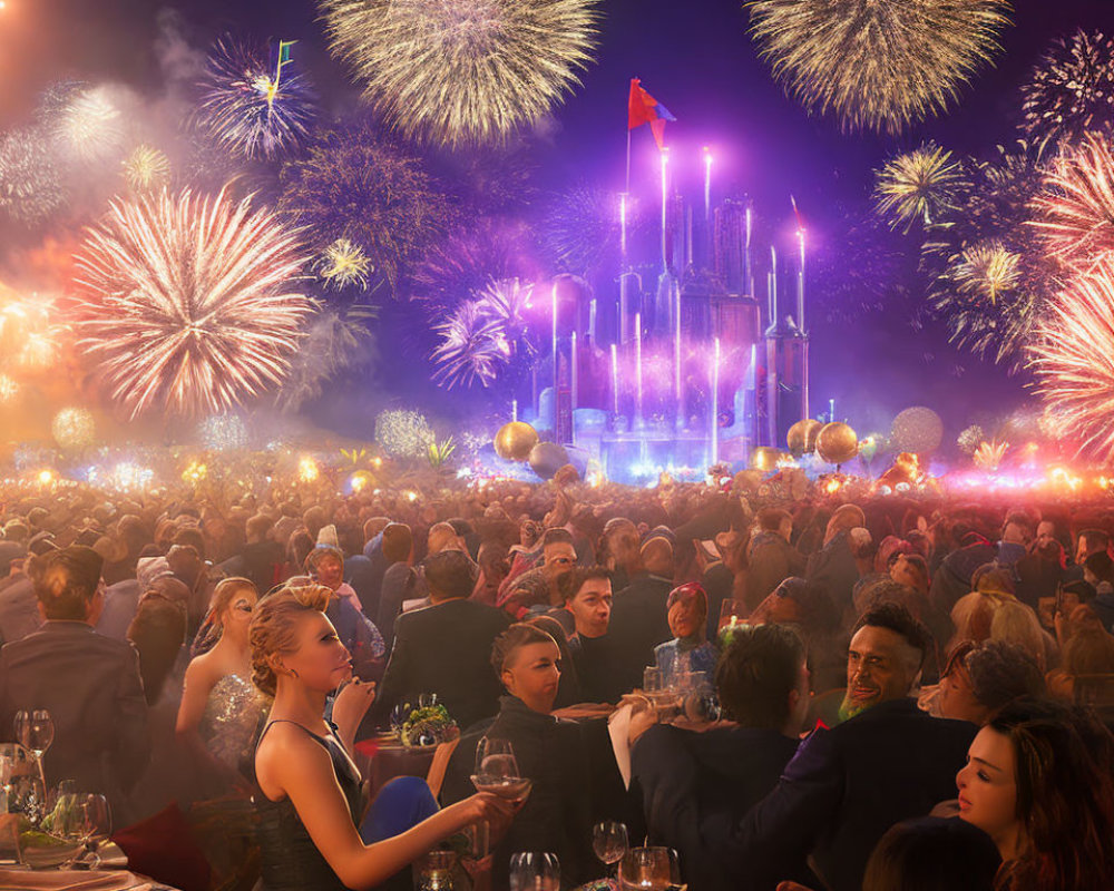 Elegant outdoor evening party with castle backdrop and fireworks display