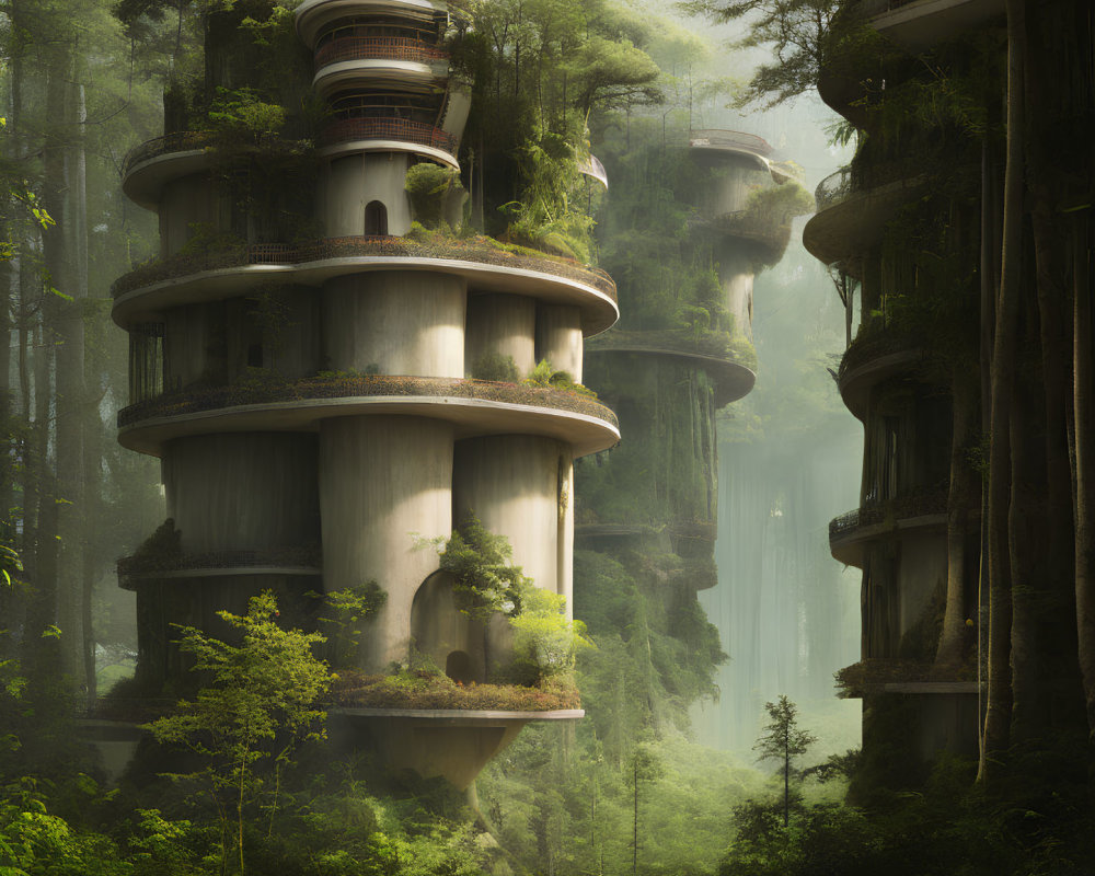Mysterious cylindrical towers in misty forest with overgrown vegetation