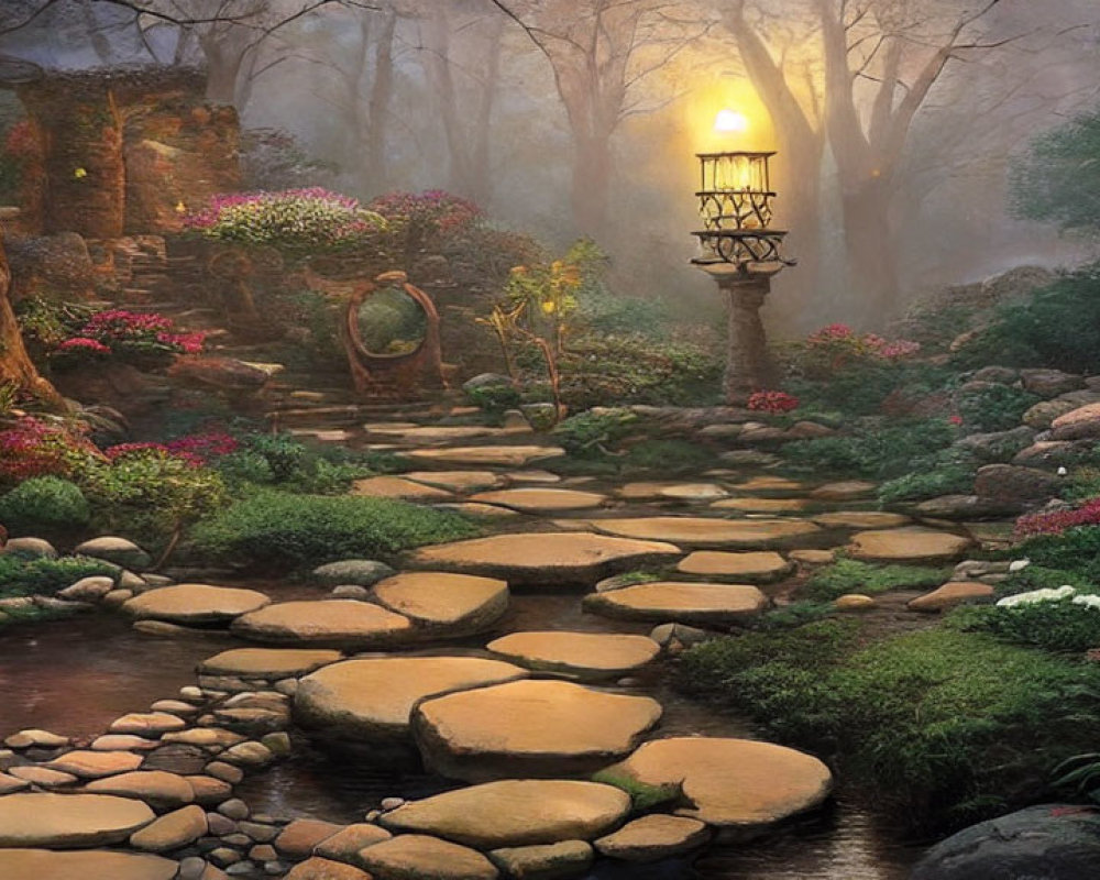Tranquil garden with stone path over stream amid lush foliage and misty light