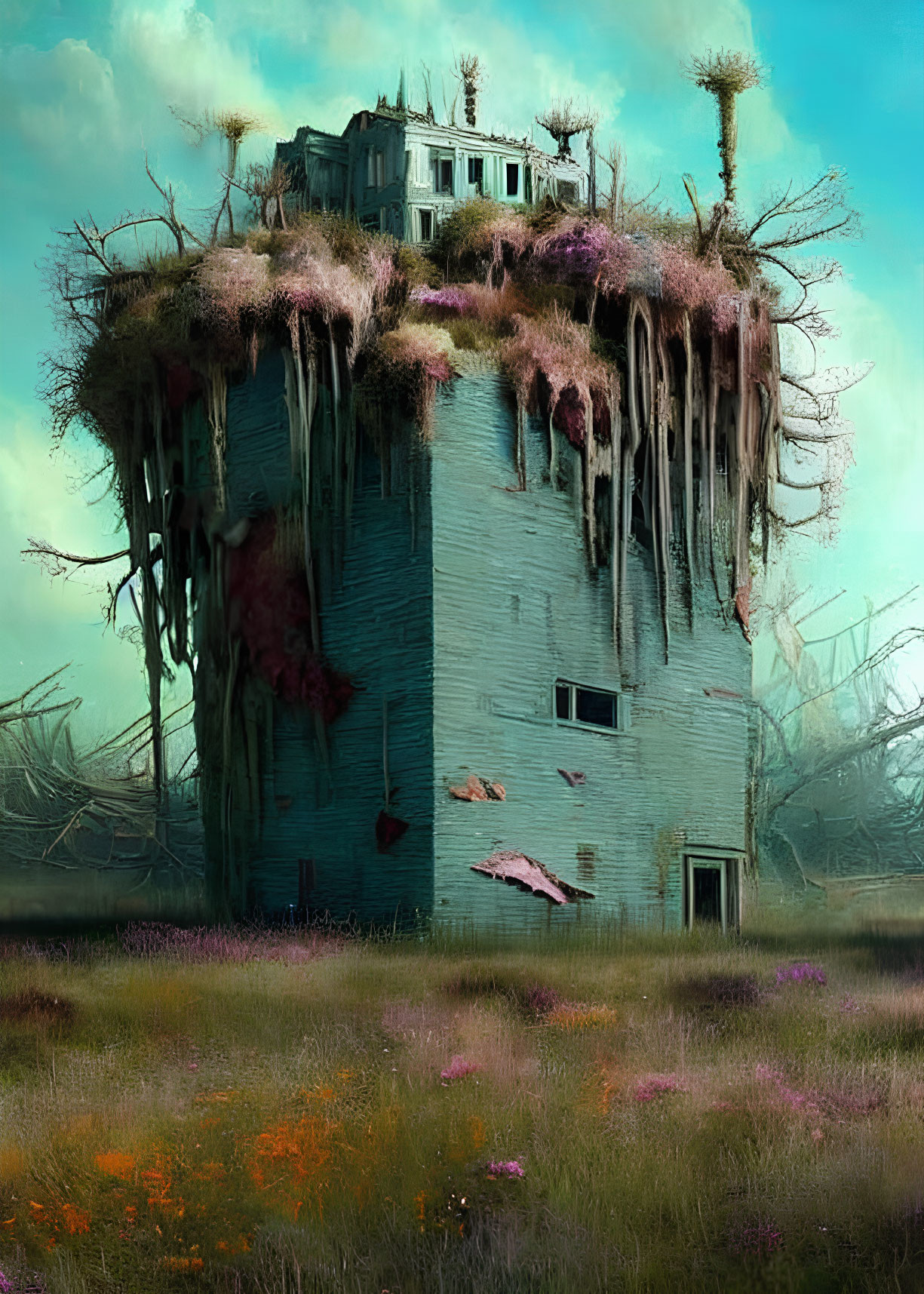 Surreal cylindrical building with dilapidated house and overgrown vegetation in misty landscape