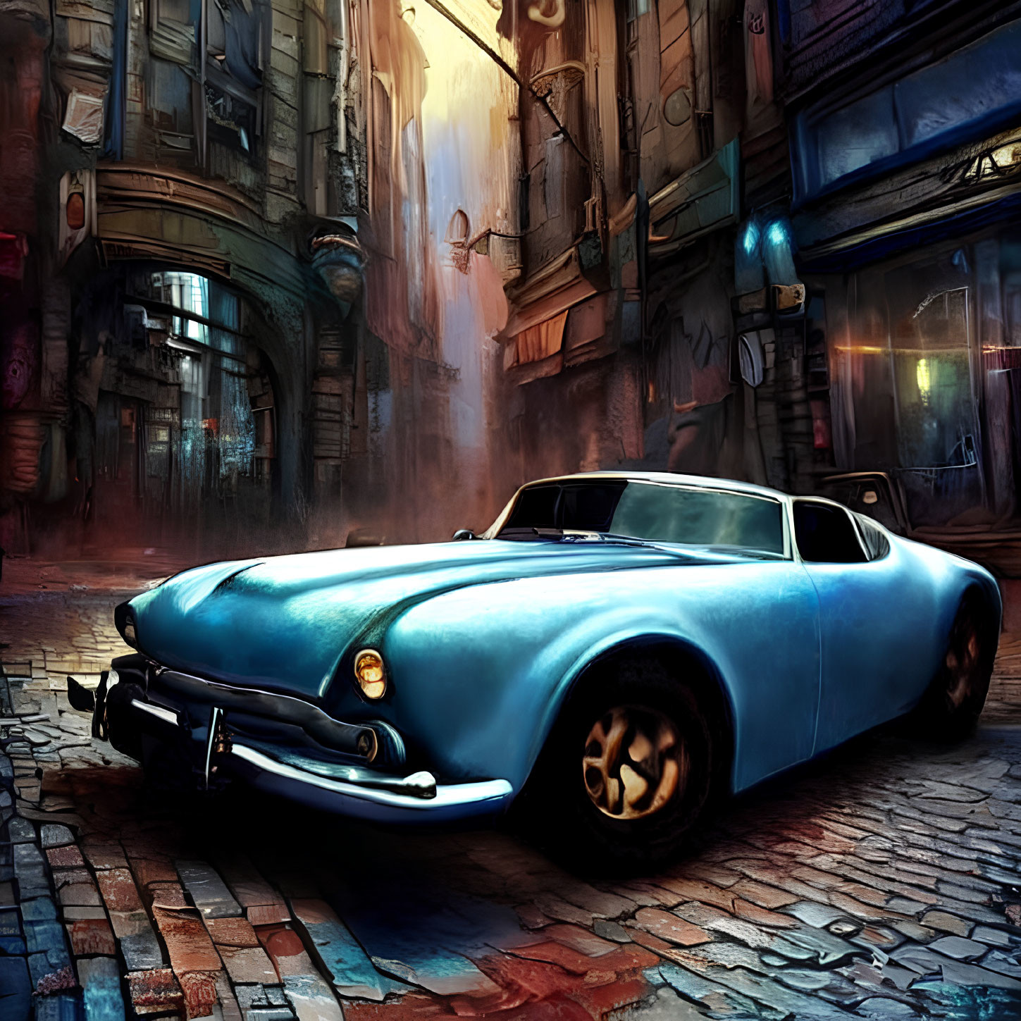 Vintage blue car in moody alley with glowing windows and retro-futuristic vibe