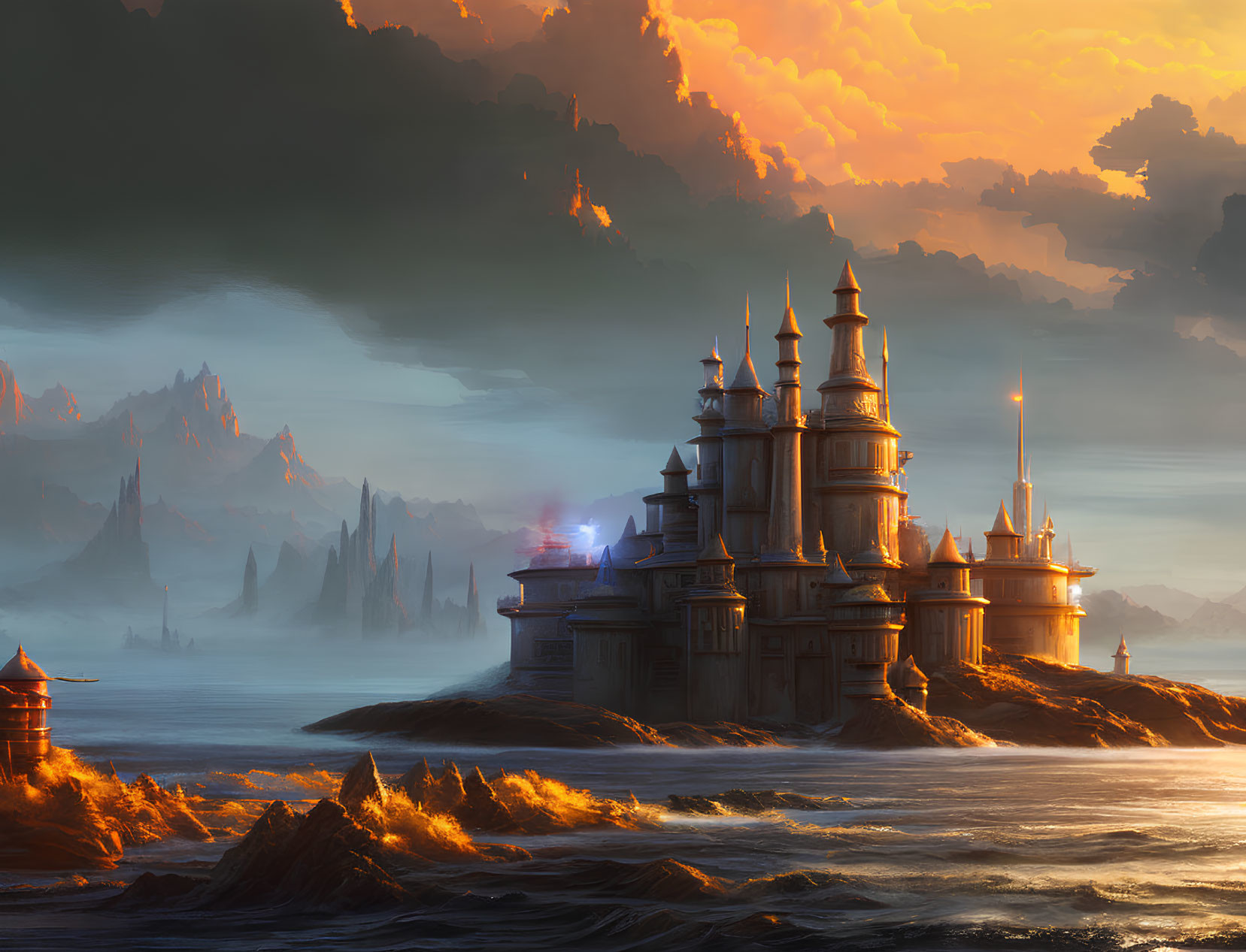 Majestic fantasy castle on rocky coast at sunset