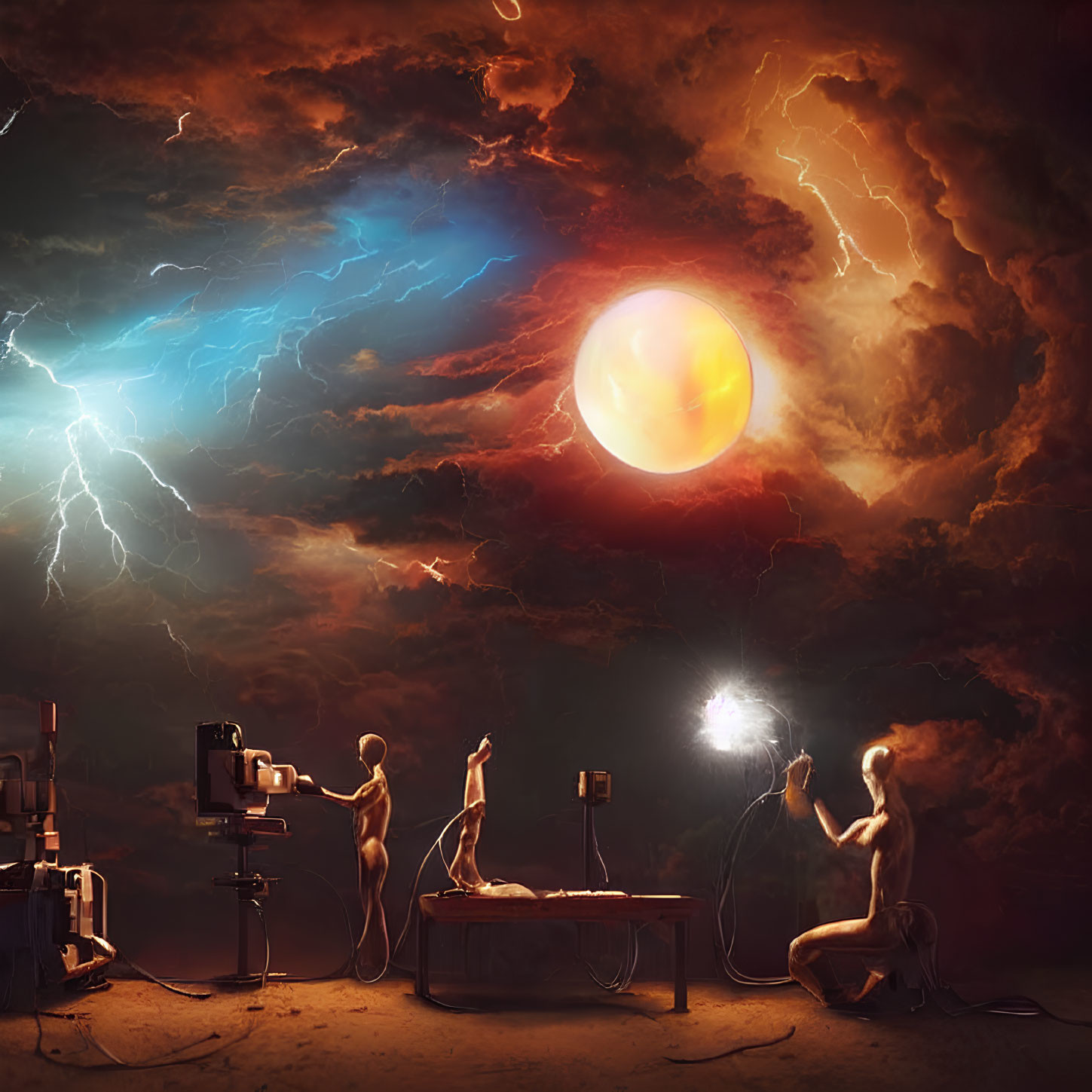 Surreal scene with mannequin-like figures, glowing orb, stormy clouds, and lightning