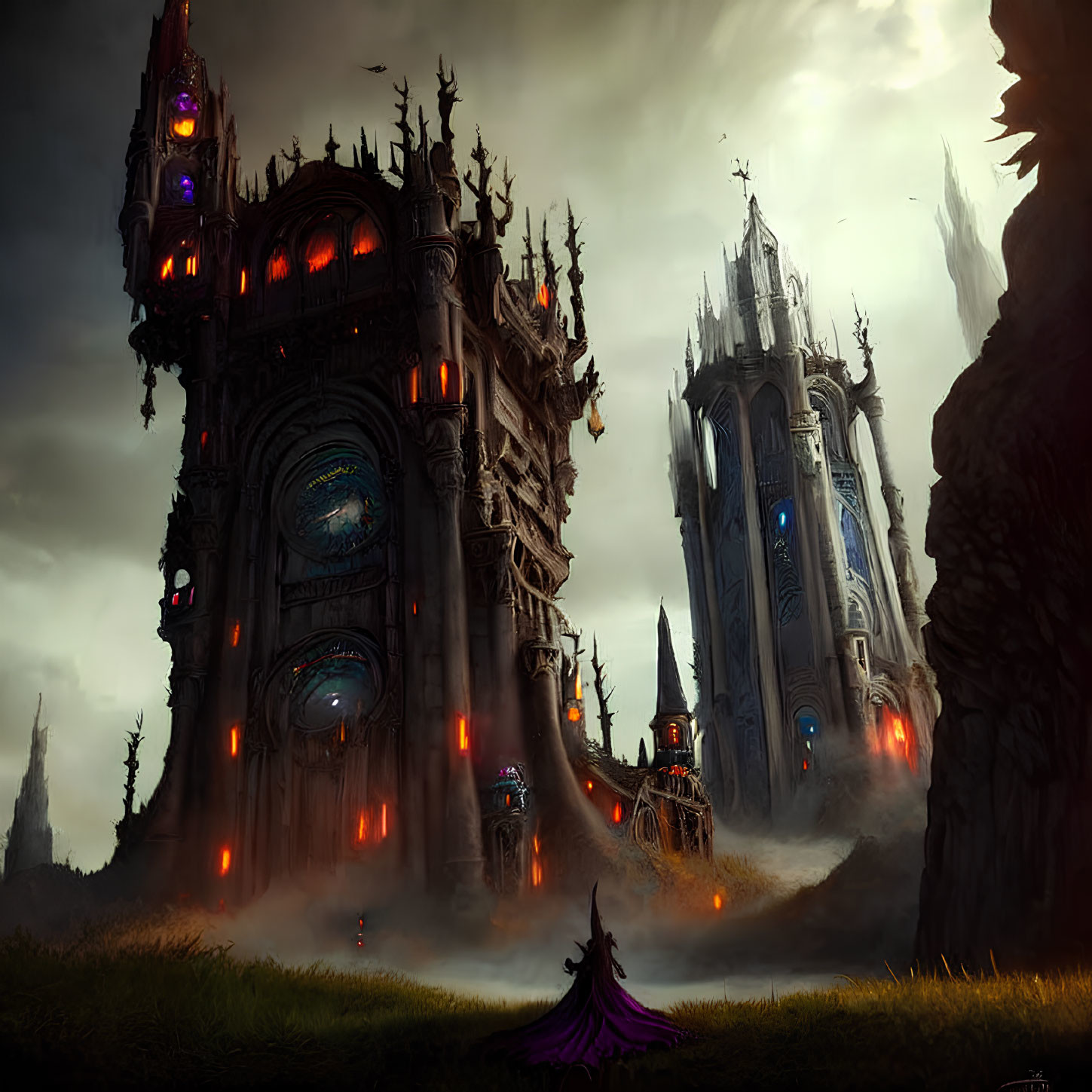 Gothic castle with purple lighting, towering spires, cloaked figure, red windows