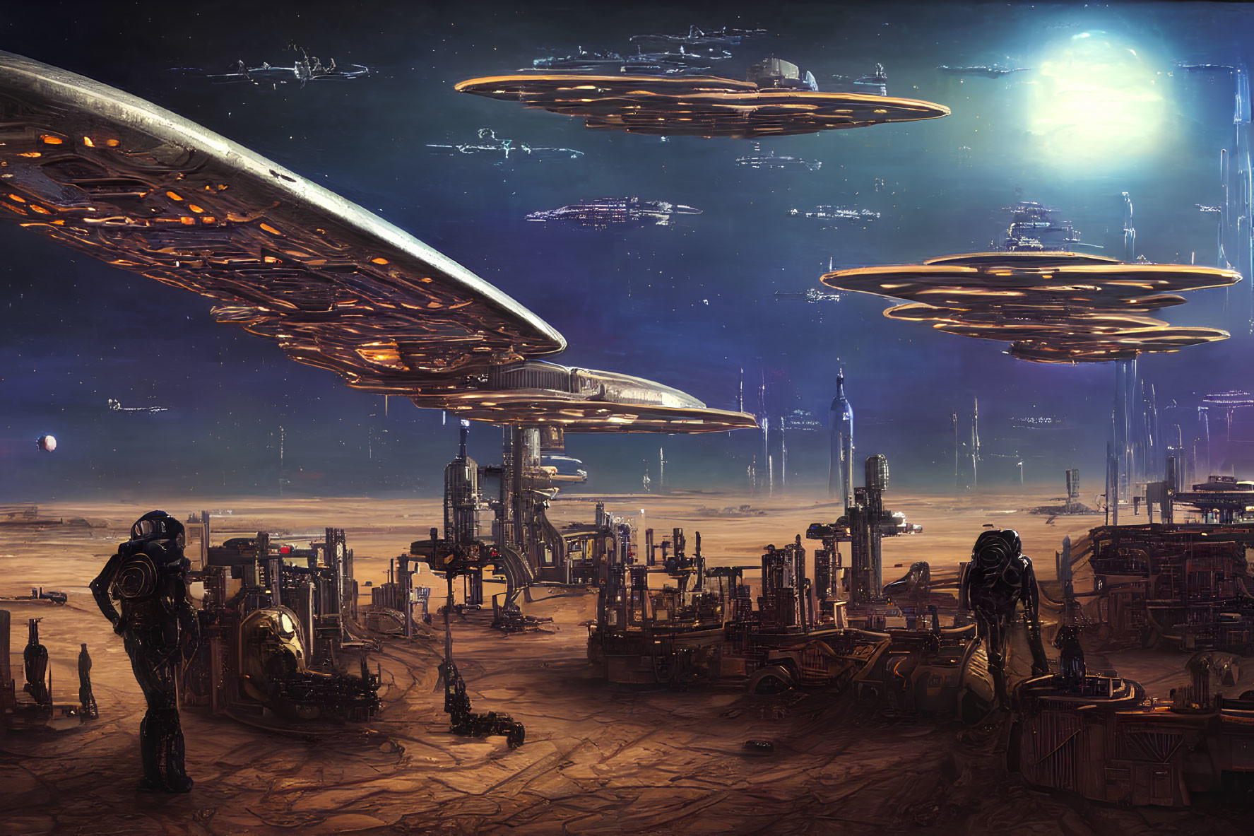 Futuristic Cityscape with Flying Saucers and Skyscrapers
