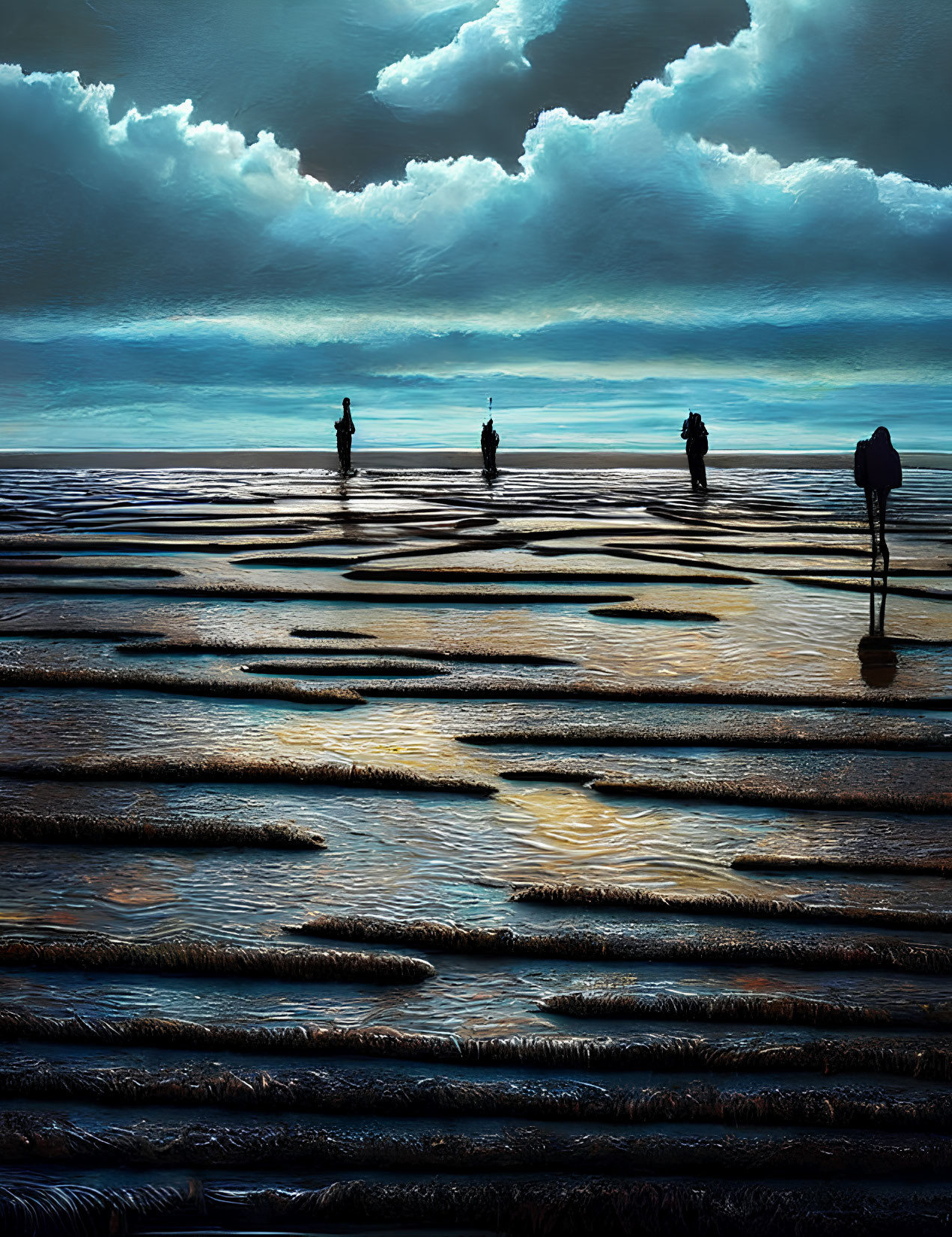 Three people walking on textured tidal flats under dramatic cloudy sky.