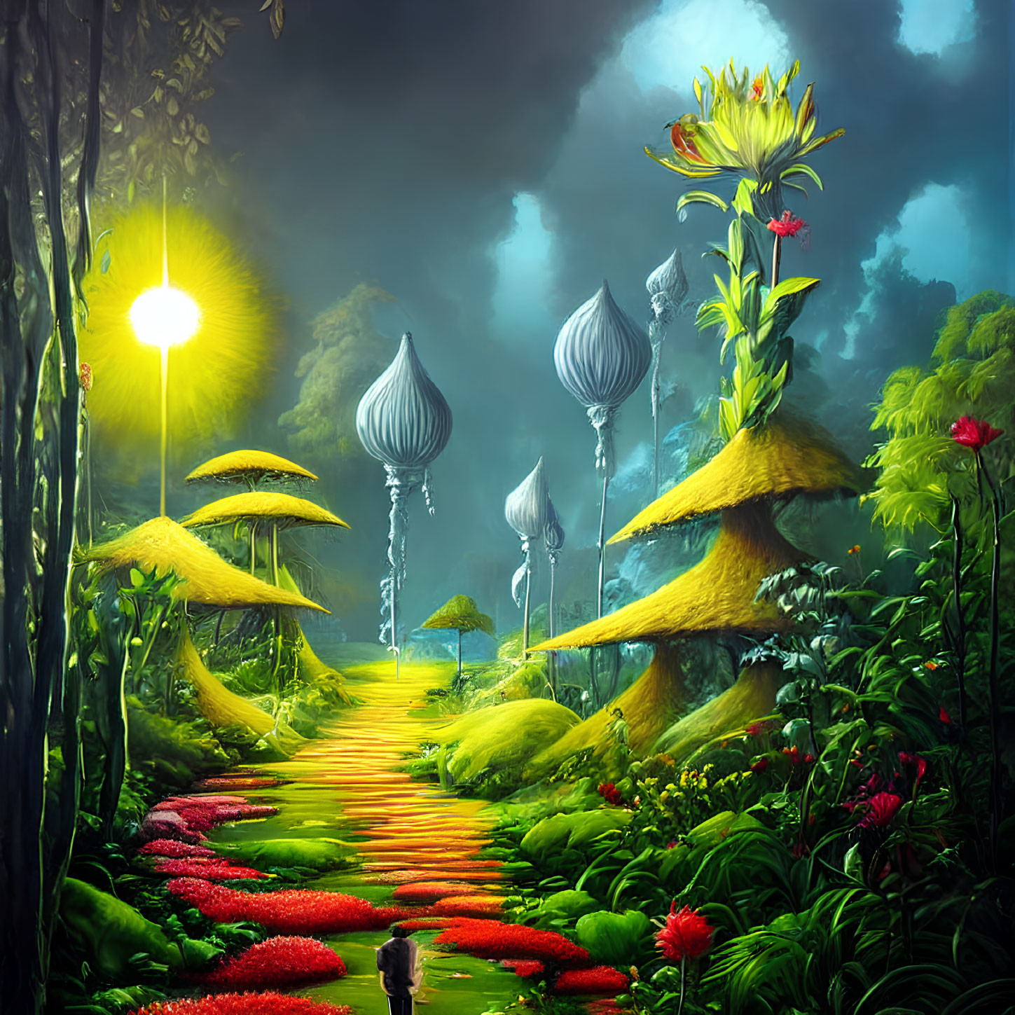 Fantastical Moonlit Path with Oversized Mushrooms and Luminescent Plants