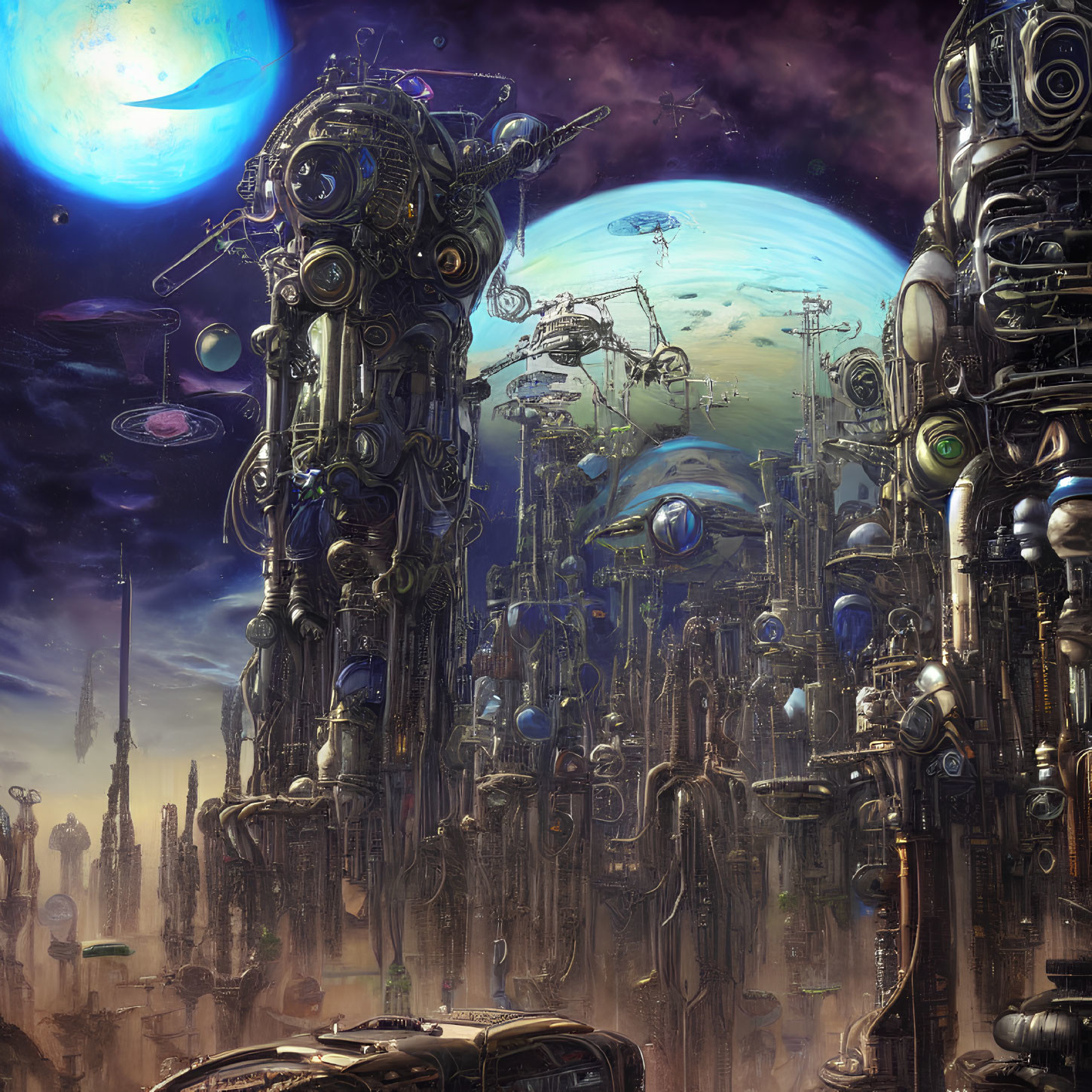 Futuristic cityscape with robotic structures and spacecraft under dual celestial bodies
