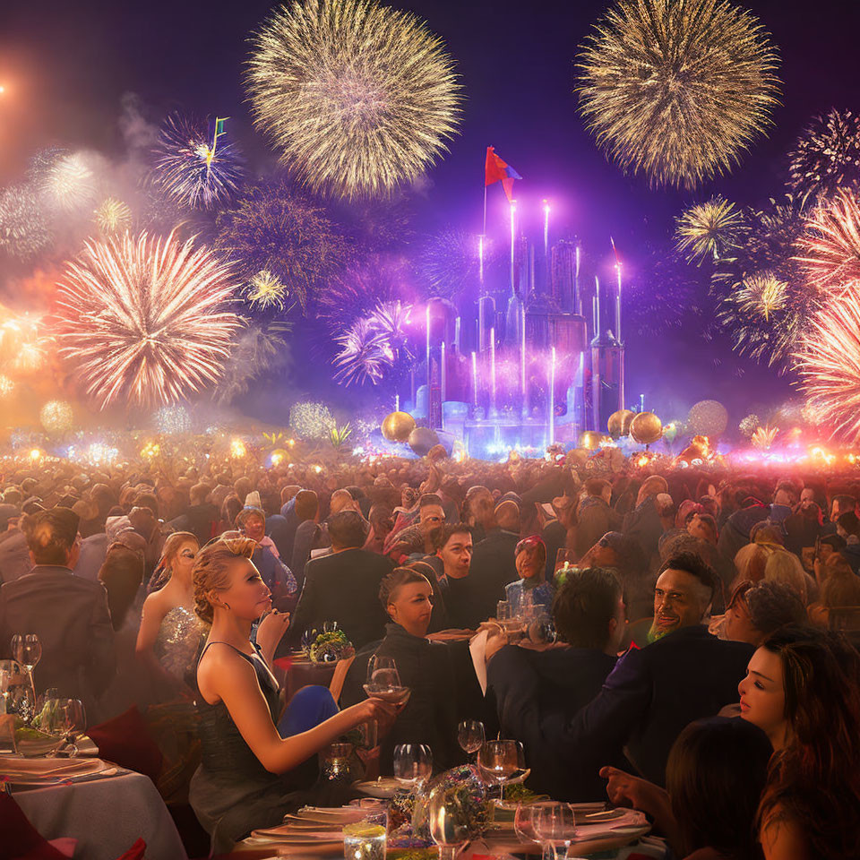 Elegant outdoor evening party with castle backdrop and fireworks display