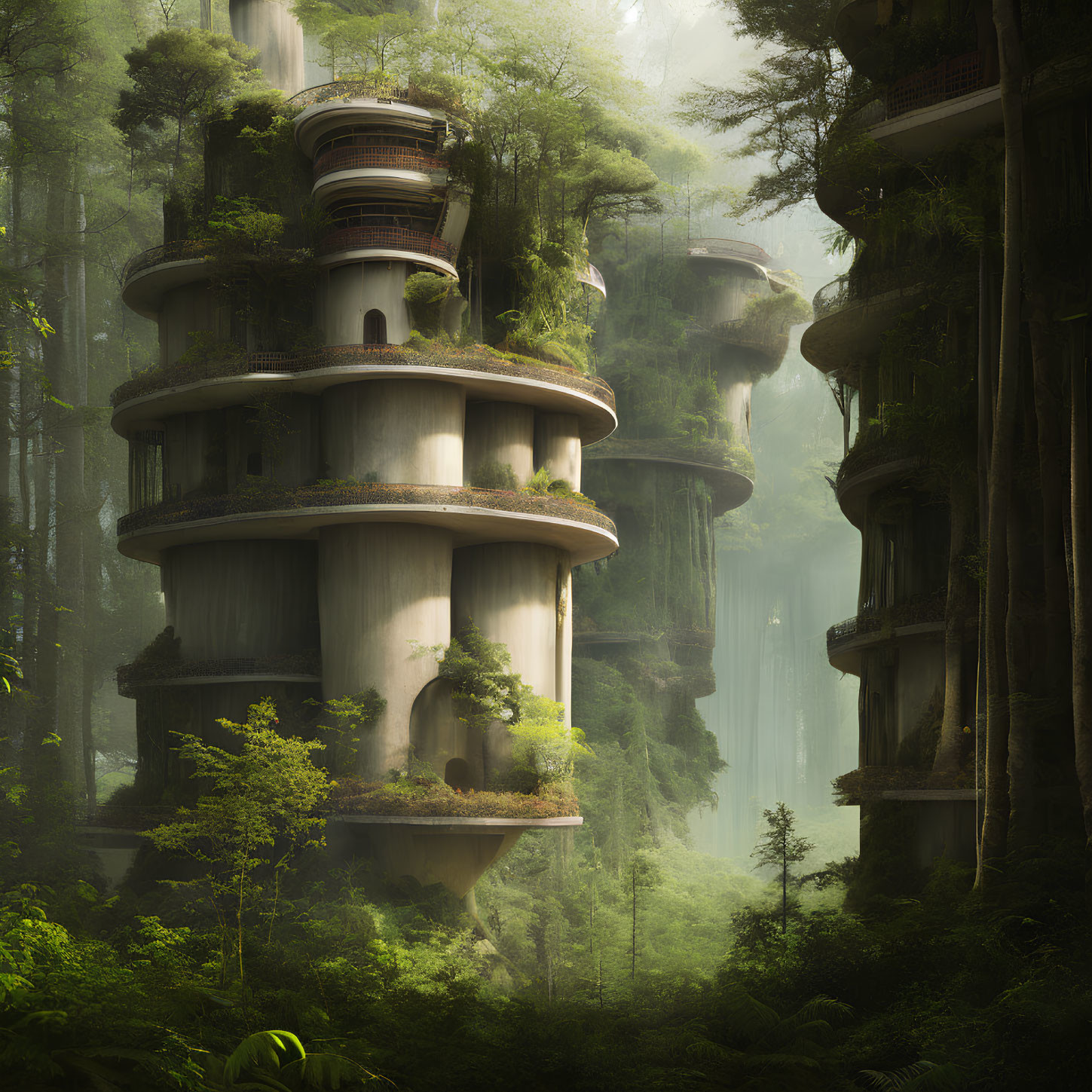 Mysterious cylindrical towers in misty forest with overgrown vegetation