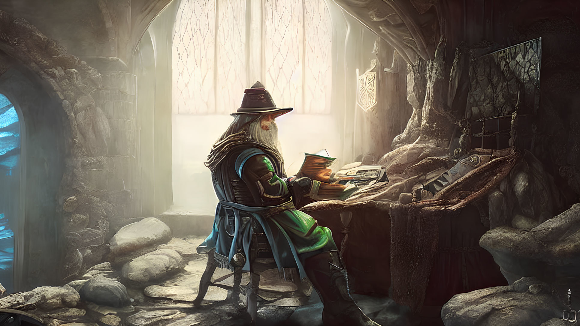 Wizard reading a tome by fireplace in stone chamber with stained-glass window