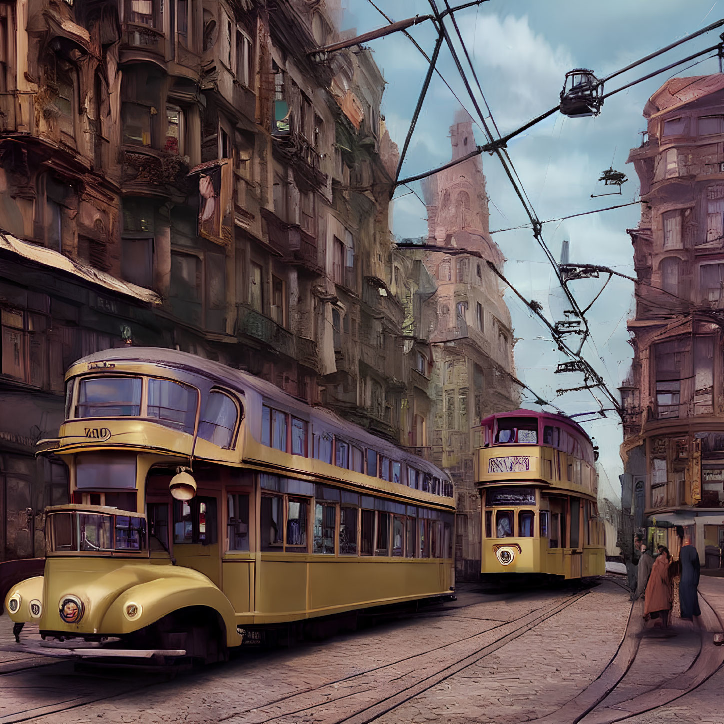 Vintage trams, old buildings, laundry, pedestrians in nostalgic cityscape