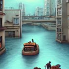 Digital artwork of boat in flooded urban landscape with buildings and people.