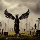 Eerie cemetery with ominous angel statue under overcast sky