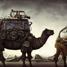 Futuristic camels with mechanical attachments in desert setting