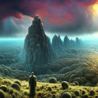 Surreal landscape with towering rocks, mossy ground, vibrant sky