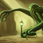 Green tentacled creature with red eye in misty corridor