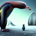 Colorful giant penguin and tiny penguin on icy surface with egg-shaped stones
