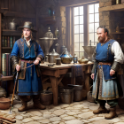 Historical Attire Men in Metal Workshop with Handcrafted Pots