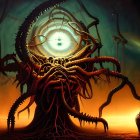 Fantastical creature with tentacles in eerie alien landscape