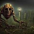 Spooky graveyard scene with large skull, clock streetlights, and hourglasses