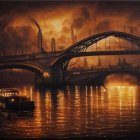 Nocturnal riverscape with lit boat under arched bridge