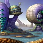 Alien towers with spherical shapes in desert landscape