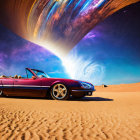 Vintage Convertible Car Parked in Desert Under Surreal Galaxy
