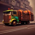 Weathered garbage truck with colorful graffiti on misty street.
