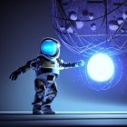 Futuristic robot with illuminated spherical head and mechanical arms in sci-fi setting
