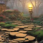 Tranquil garden with stone path over stream amid lush foliage and misty light