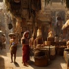 Historical market scene with vendors and townspeople in warm sunlight