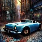 Vintage blue car in moody alley with glowing windows and retro-futuristic vibe