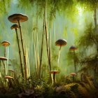 Enchanted forest with oversized mushrooms and towering bamboo