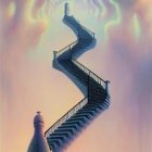 Surreal image of spiraling staircase and ghostly figure in pastel sky