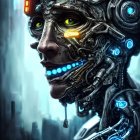 Detailed Cybernetic Face with Glowing Green Eyes and Mechanical Components