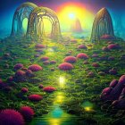 Colorful Alien Landscape with Luminescent Flora and Tentacle-like Structures
