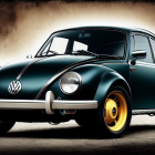 Classic Black Volkswagen Beetle with Round Headlights and Yellow-Rimmed Wheels on Sepia Background